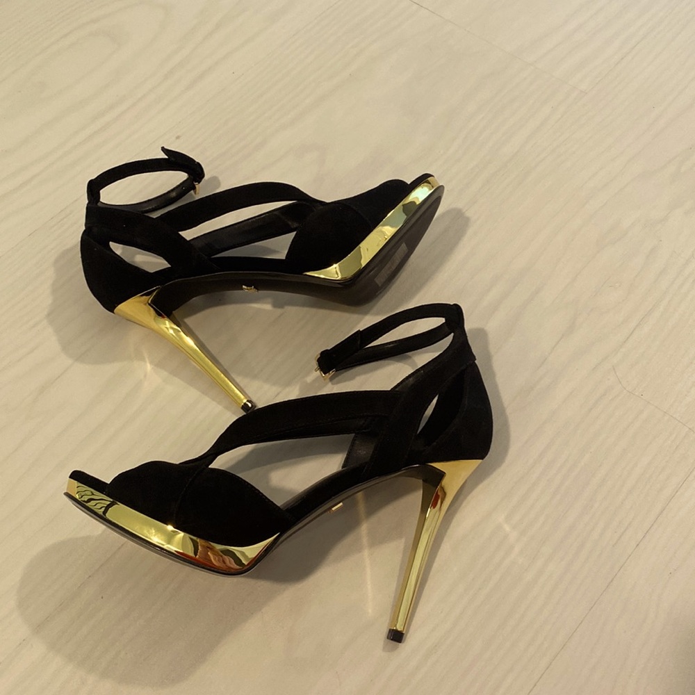 MK Black Gold Strap Ankle Evening Heels 7